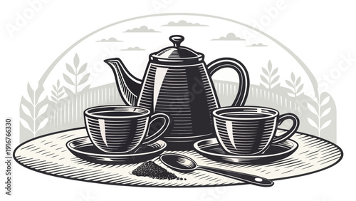 Vintage tea set with cups and teapot on a rustic wooden tray