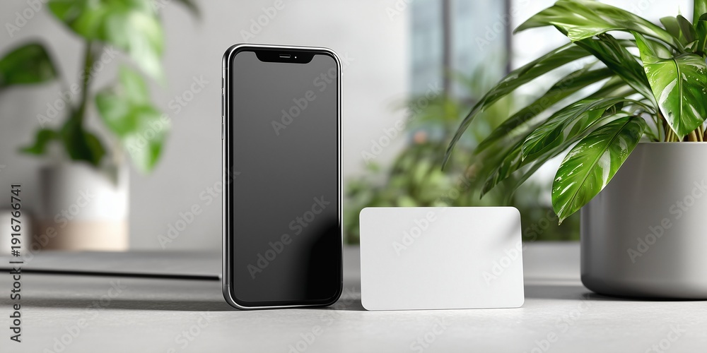 Fototapeta premium mockup of a blank matte business card standing next to a sleek black smartphone on a clean, light grey desk. A subtle shadow of an office plant falls across the scene