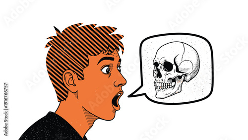 Shocked man with striped hair and open mouth, expressing surprise with a detailed skull image in his speech bubble, representing a dark thought or realization.