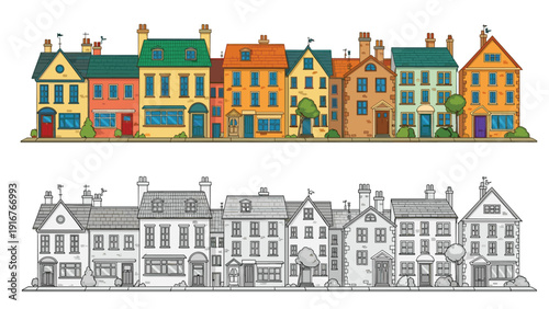 Detailed illustration of a charming city street with a row of diverse houses and buildings, presented in both vibrant color and classic black-and-white line art.