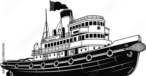 Black vector silhouette of a classic vintage tugboat ship with smoking chimney and portholes for maritime transportation sea port logistics and nautical harbor branding