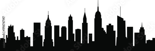 city, skyline, silhouette, New, York, skyscraper, architecture, building, spire, antenna, metropolitan, downtown, tower, contour, vector, black, minimal, design, artwork, horizon