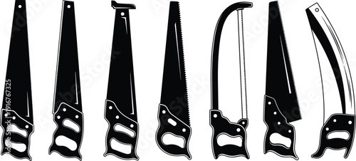 Professional hand saw set with wood saws, hacksaws, pruning saws, and carpentry tools for woodworking, cad drawing flat vector illustration, industrial.