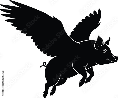 Black vector silhouette of a flying pig with large feathered wings in midair for fantasy concepts metaphorical humor dream branding and imaginative storytelling design