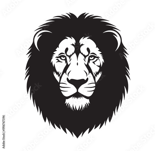 Black and white illustration of a lions head with a large mane  male lion face