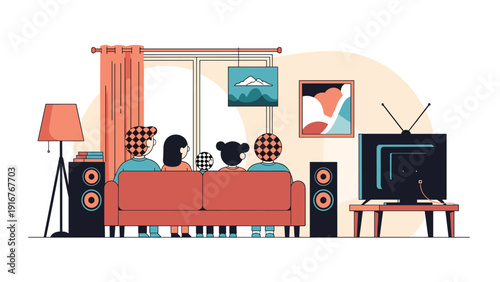 Back view of a family, including parents and two children, comfortably sitting on a sofa and watching television in a cozy living room at home.