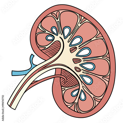 A detailed illustration of a human kidney showcasing its internal anatomy in a medical context