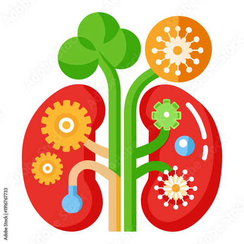 A vector graphic illustration of a kidney with gears and virus cells, representing health and medical concepts.