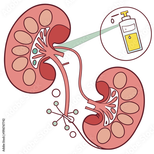 A medical illustration of kidneys with a bottle of medicine being injected into them