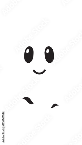 Playful White Cartoon Ghost Face with Big Eyes and Friendly Smile, Minimalist Illustration.