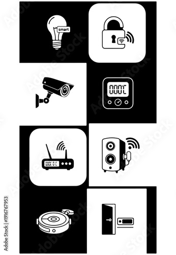 Smart home device icons smart lock camera thermostat speaker router
