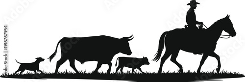 Cowboy Ranch Livestock Cattle Herding Silhouette Western Farm Vector Illustration Rural Country