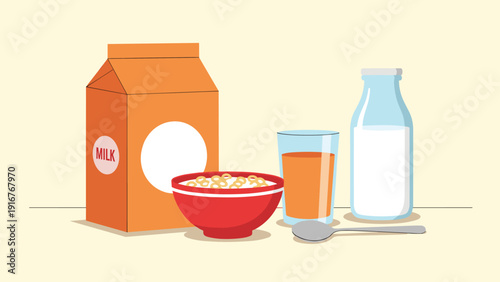 Wholesome breakfast setup featuring an orange milk carton, bowl of cereal, glass of orange juice, and a spoon, promoting a healthy morning meal.