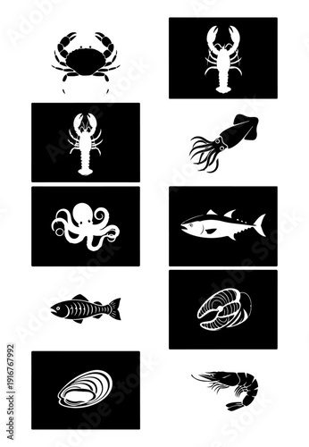Seafood Icon Set Vector Collection of Marine Life and Crustaceans