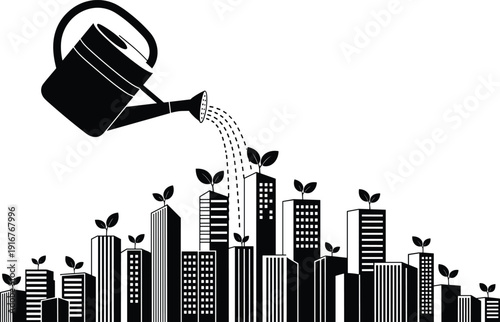 Black vector silhouette of a watering can pouring water over a city skyline with sprouts on buildings for green energy urban sustainability and environmental growth branding