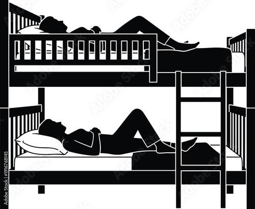Black vector silhouette of two people resting on a wooden bunk bed with a ladder for dormitory hostel bedroom furniture and shared living branding