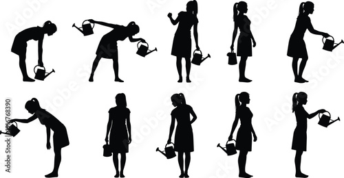 Black vector silhouette set of a woman gardener in various active poses holding a watering can for gardening agriculture hobby and plant care branding