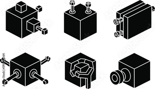 Black vector silhouette set of complex industrial mechanical parts and engine components for engineering manufacturing technical design and heavy machinery assembly branding