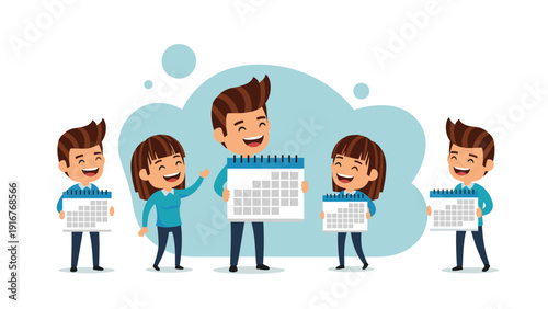 Group of diverse smiling people, including adults and children, enthusiastically holding calendars, symbolizing planning, events, and important dates.