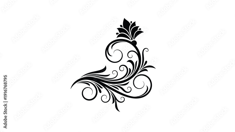 Fototapeta premium Elegant black floral ornament design with intricate swirls and a blossoming flower, perfect for decorative elements, wedding invitations, or borders.