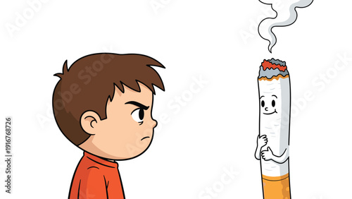 Stern-faced boy looking angrily at a smiling, smoking cigarette, symbolizing the dangers of smoking and the importance of healthy choices for youth.