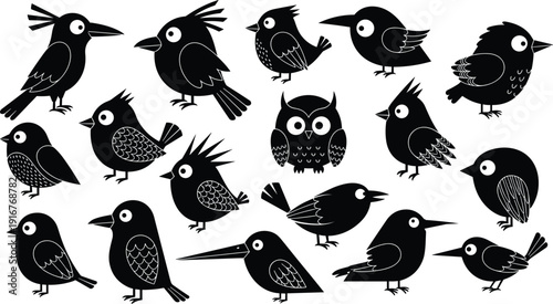 Black vector silhouette set of cute cartoon birds featuring owls woodpeckers and sparrows with various decorative feather patterns for nursery and nature branding