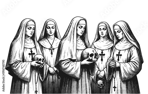 Black White Halftone Nun Skull Cross Blood Set 5 Sketch Hand Drawn Gothic-Dark Sacred Religious Ink Single Illustration - Nun Skull Set