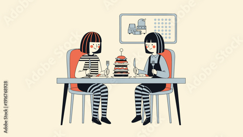 Two happy cartoon girls with striped clothing sitting at a table, enjoying a towering stack of delicious pancakes, symbolizing breakfast or indulgence.