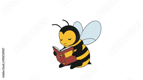 Adorable cartoon bee, sitting contentedly and deeply engrossed in reading a small book, symbolizing curiosity, learning, and wisdom.