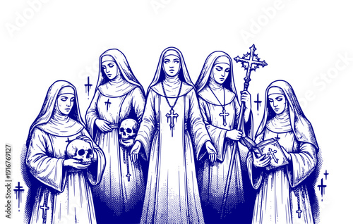 Black White Halftone Nun Skull Cross Blood Set 5 Sketch Hand Drawn Gothic-Dark Sacred Religious Ink Single Illustration - Nun Skull Set