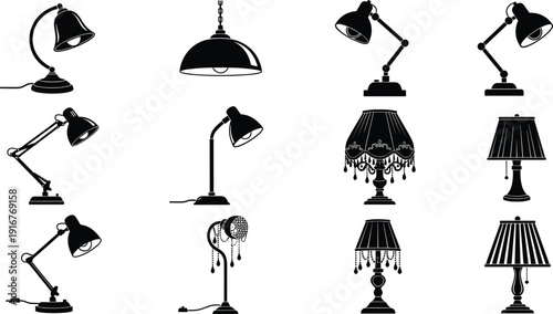 Black vector silhouette set of diverse indoor lighting fixtures including adjustable desk lamps hanging pendant lights and elegant decorative table lamps for interior design branding