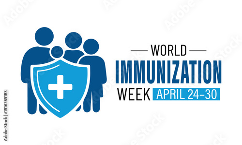 Vector graphic of World Immunization Week poster collection featuring shield symbols, vaccine syringes, protective hands, and family care icons in modern flat vector style. Banner poster, flyer .