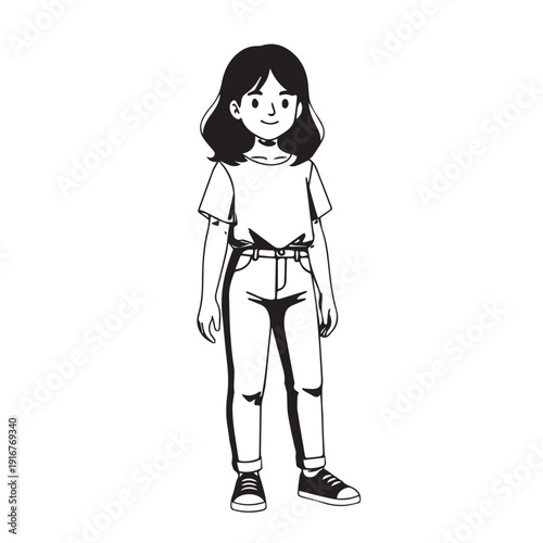 Simple cartoon girl with black hair wearing jeans and sneakers in a standing pose.