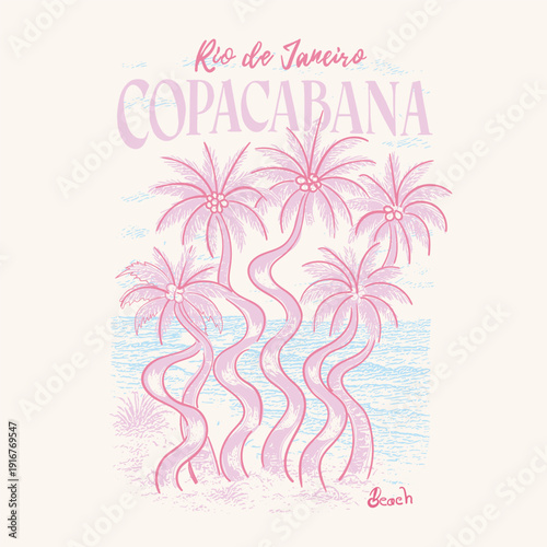 Copacabana beach rio de janeiro in brazil. hand drawn palm tree beach. girls beach graphics. tropical print design. summer beach tee t-shirt design.