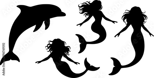 Black silhouettes of a dolphin and mermaid on a white background