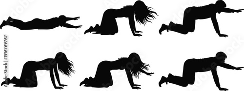 Black vector silhouette set of men and women practicing yoga poses and stretching exercises for health wellness fitness centers and physical therapy branding