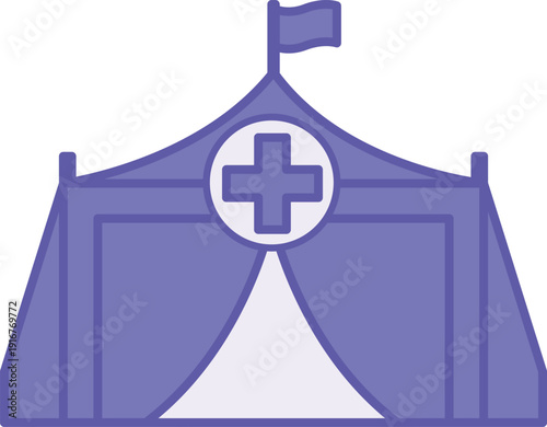 Colored Refugee Camp Icon. Vector Illustration. Tent with Cross and Flag. Refugee Shelter, Aid. Migration Concept