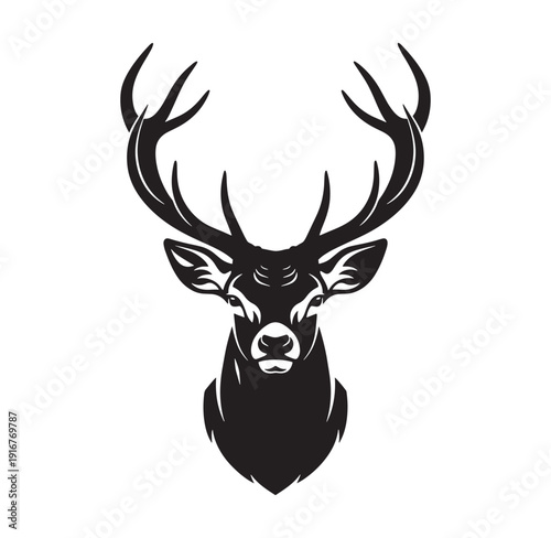 black silhouette of a deer head with large antlers on white background