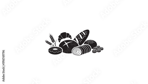  Fresh Bakery Goods Black Silhouette Icon Set with Artisan Breads, Croissant, Donut, and Wheat Ears - Perfect for Menus, Packaging, and Food-Related Design Projects