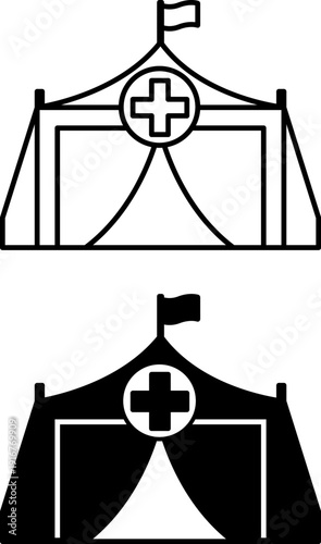 Refugee Camp Icons. Line and Glyph Vector Illustrations. Tent with Cross and Flag. Refugee Shelter, Aid. Migration Concept