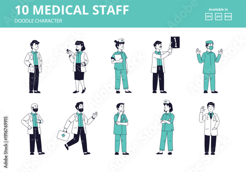 Medical Staff Doodle Characters Set. Vector Illustration of Doctors, Nurses, and Surgeons in Professional Uniforms with Healthcare Equipment