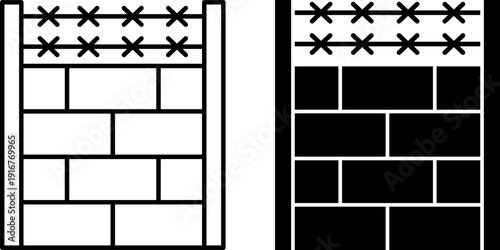 Wall Icons. Line and Glyph Vector Illustrations. Construction Along the State Border to Prevent Illegal Migration. Migration Concept