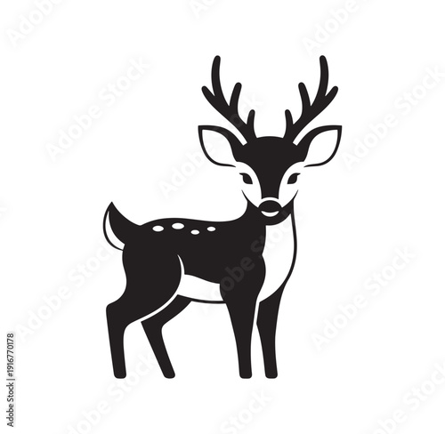 black silhouette of a deer with antlers on white background