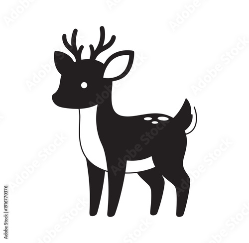 black silhouette of a deer with antlers standing alone on white background