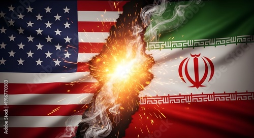 Usa and iran flags with explosive division