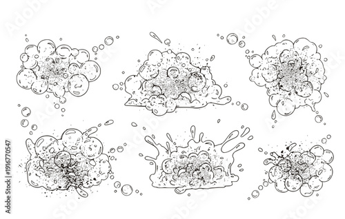 Black White Halftone Soap Foam Bubble Border Set 5 Sketch Grunge Lather Splash-Cleaning Texture Ink Single Illustration - Soap Foam Border Set