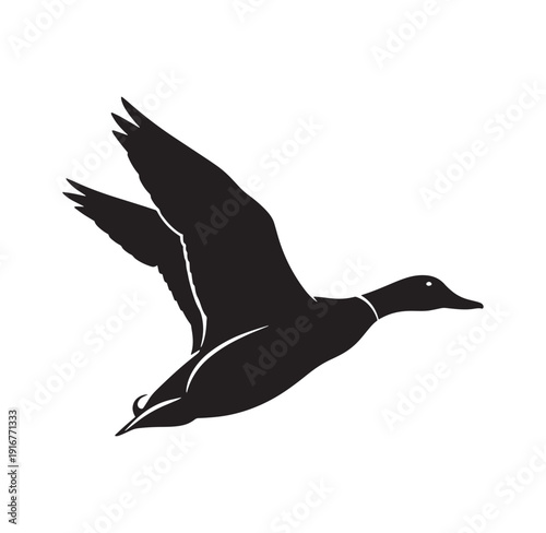 black silhouette of a duck in flight with spread wings flying to the right