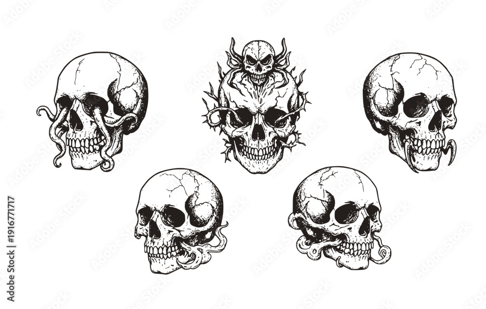 Fototapeta premium Black White Halftone Halloween Skull Stipple Set 5 Sketch Vintage Photocopy-Creepy Skull Surreal Ink Single Illustration - Halloween Skull Set