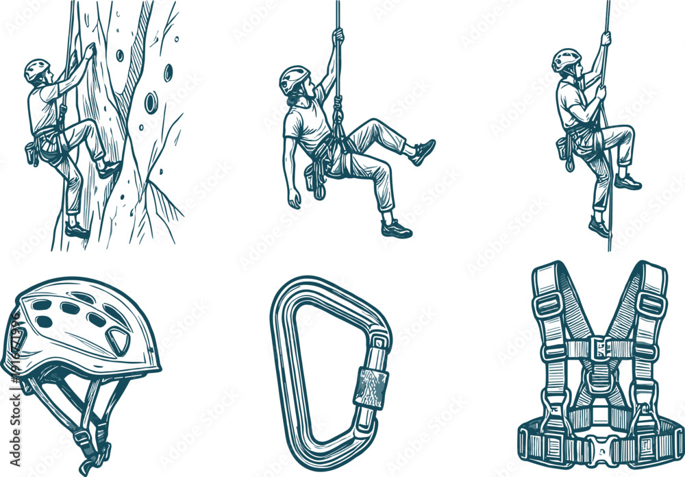 Ταπετσαρία Hand drawn rock climbing vector set with climbers safety gear helmet carabiner and climbing harness
