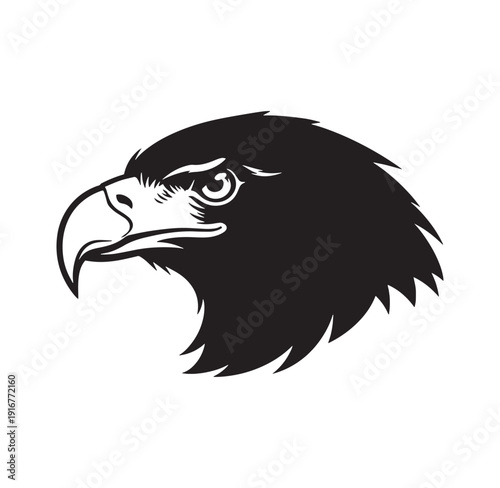 black silhouette of an eagle head profile side view with sharp beak and feathers